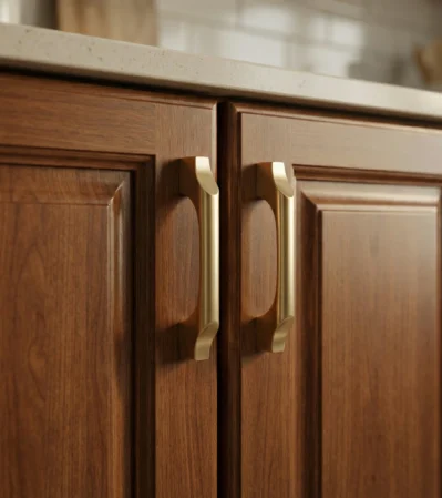 Aluminum Cabinet Handle in Gold finish mounted on rich walnut wooden kitchen cabinet door