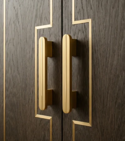 Gold finish Aluminum Cabinet Handle on dark walnut cabinet - premium hardware by Nimkro LLP
