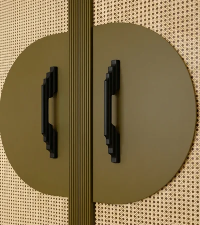 Black Aluminum cabinet pull handles on olive green circular door panel - Minimalist Furniture Handle Design