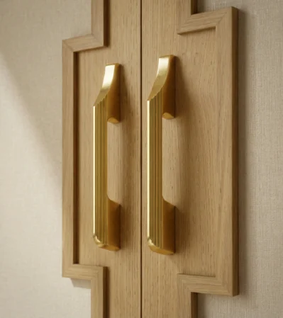 Close-up of two brushed gold fluted cabinet handles - Aluminum Cabinet Handle Manufacturer