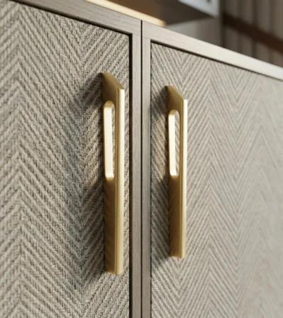 Brushed Gold Cabinet Handle on Herringbone Textured Door - Aluminum Cabinet Handle Manufacturer